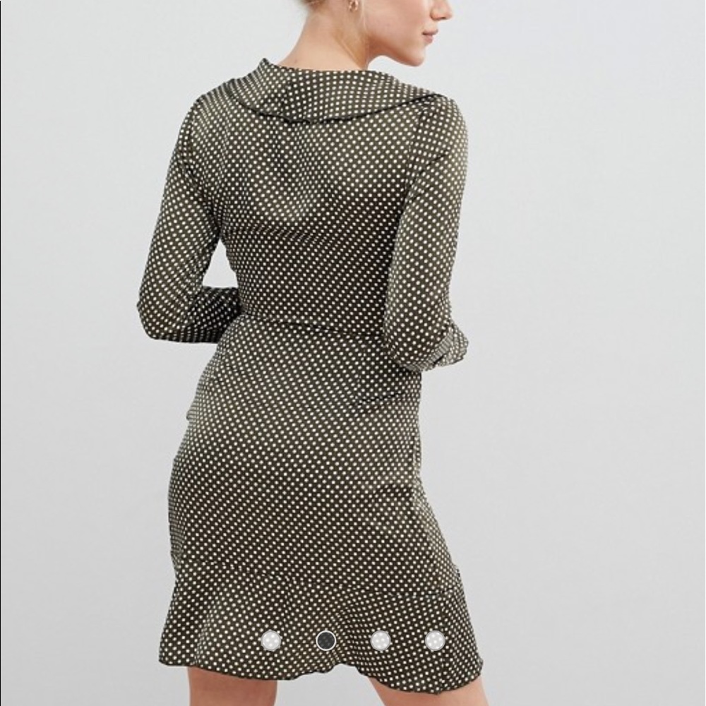 Olive colored polka dot dress.